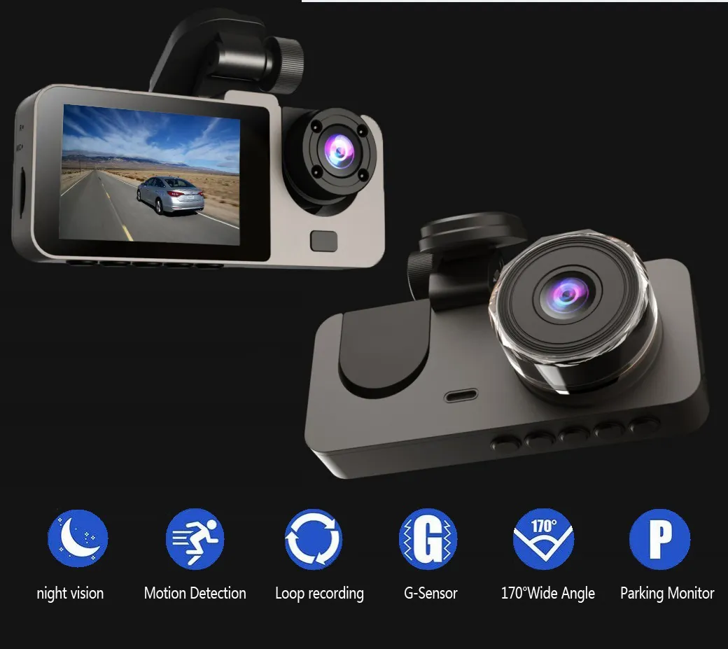 Camera Auto DVR tripla, 1080P Full-HD, Ecran IPS 2.4″ Unghi filmare 170° WDR,Recorder pentru taxi CAR DVR Viziune nocturnă Detectarea miscarii, G-senzor