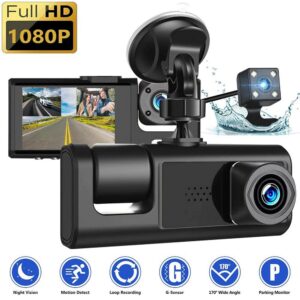 Camera auto tripla de bord Full HD 1080P, 3 Lentile, Unghi inregistrare 170°, IPS Display 2″, Night Vision, Inregistrare Dubla, Loop Recording, G-sensor, Detectare Miscare,