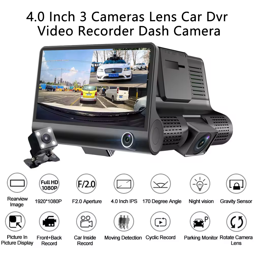 Cameră auto DVR- de 4 inchi FHD 1080P Înregistrare automată , 3 Lentile pentru cameră , + cameră cu vedere spate si Viziune nocturnă