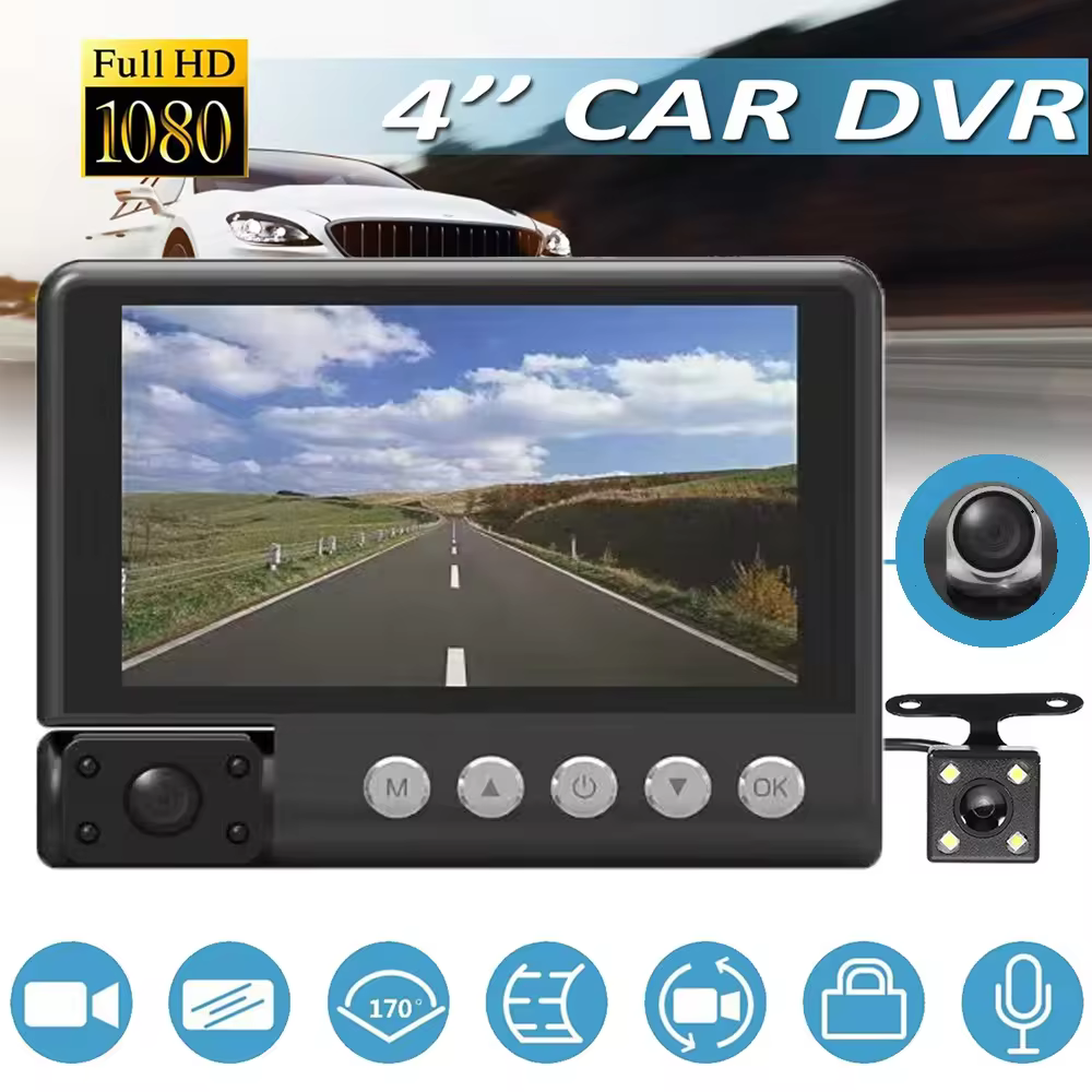 Camera Auto cu ecran tactil cu 4″ IPS 1080P HD Inregistrator DVR 3 lentile , Înregistrare în buclă, Detectare mișcare, Baterie încorporată